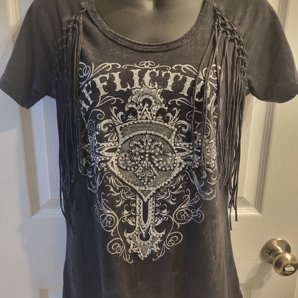 Affliction Black and Silver Graphic Fringe Tee